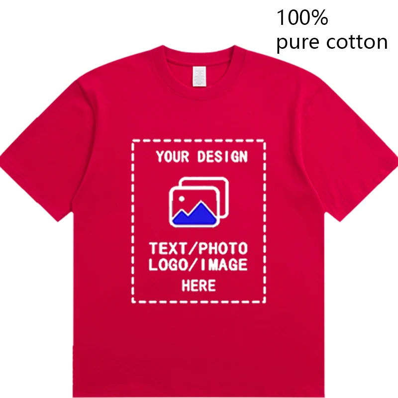 Bright red custom men cotton tshirt made of 100% pure cotton with a customizable design area on the front and short sleeves.