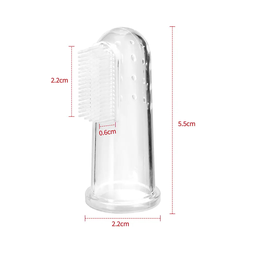 Transparente Silikon-Babysfingernzahnbürste, BPA-frei, mit weichen weißen Borsten und abgerundetem, ergonomischem Design für eine sanfte Mundpflege im Säuglingsalter.