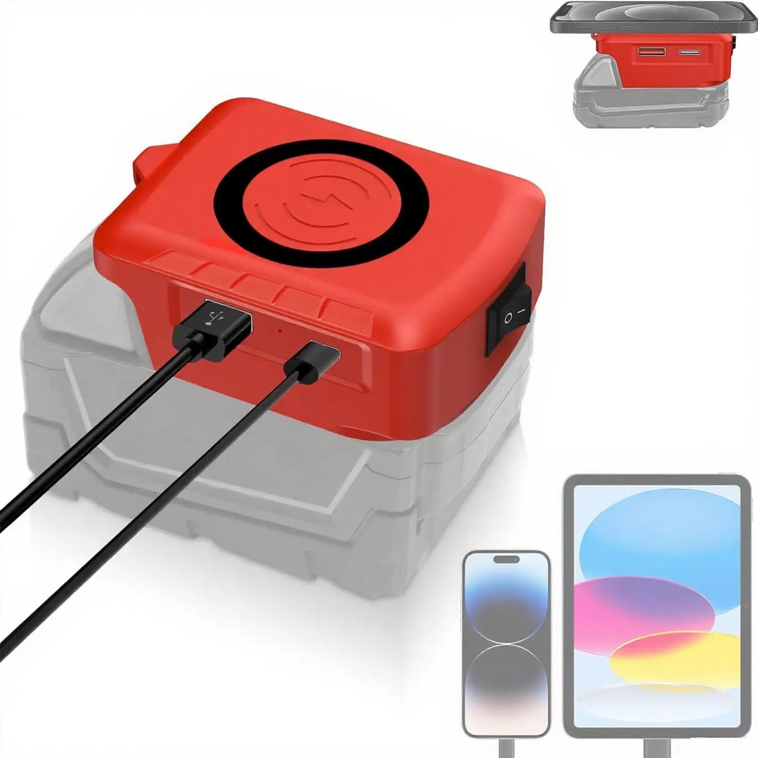 Banco de energía inalámbrico portátil rojo, con protocolo de carga rápida y múltiples puertos USB compatibles con herramientas Makita, DeWalt y Milwaukee de 18 V