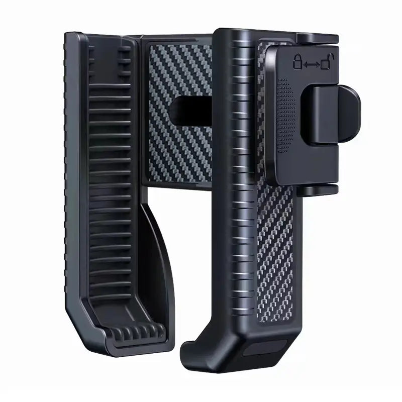 Soporte para teléfono de bicicleta con patrón de fibra de carbono en color negro, con superficies de agarre texturizadas y un mecanismo de sujeción segura, para uso con soporte universal de GPS para manillar.