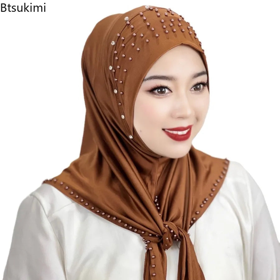 New Women's Headscarf Convenient Pullover Caps Muslim Hijabs Bead Scarf Malay Solid Color Long Shawls Islam Head Warp for Women