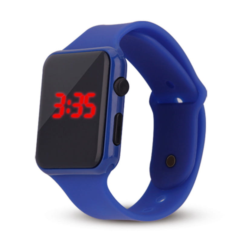 Reloj deportivo digital de silicona azul para hombres y mujeres con esfera rectangular negra que muestra números LED rojos para un uso casual.
