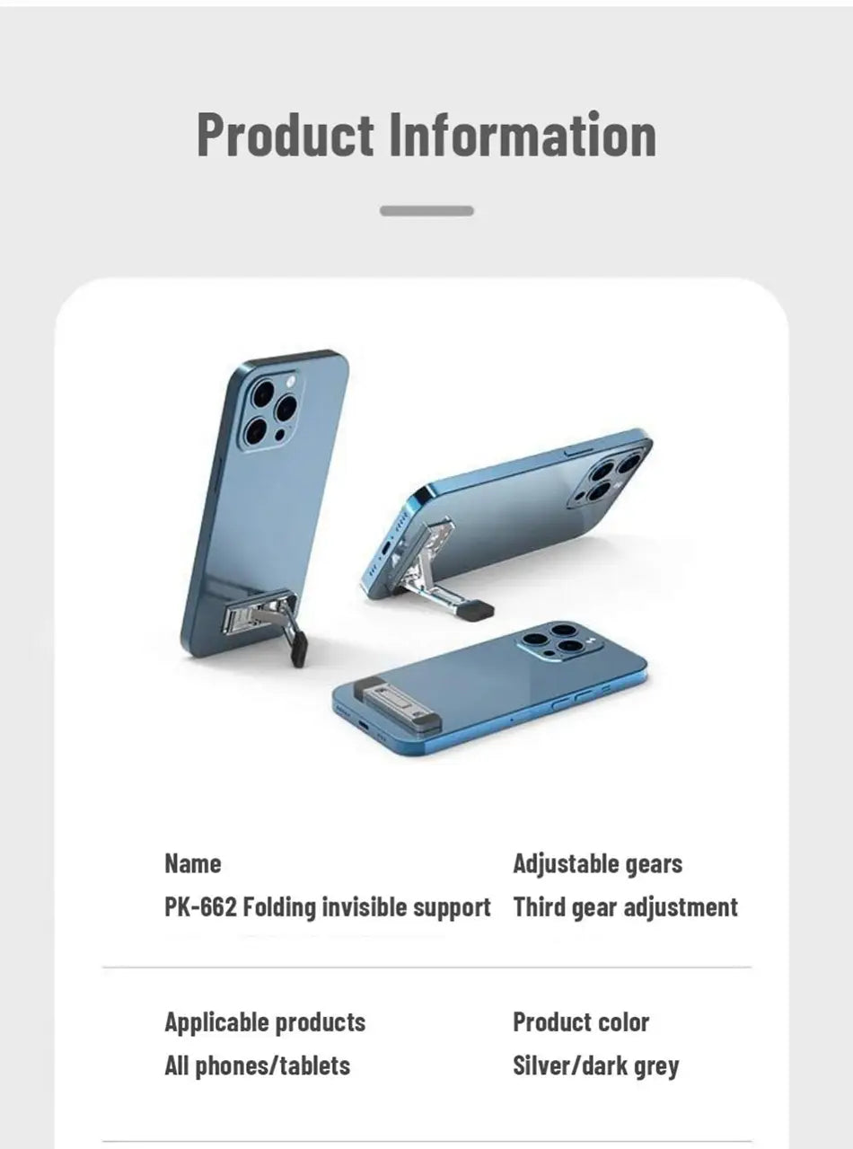 Laptopständer aus Aluminiumlegierung für Mobiltelefone in Silber mit elegantem dunkelgrauem klappbarem unsichtbarem PK-662-Design und minimalistischen Stil.