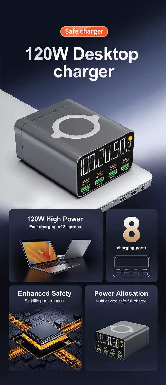 Black usb type c multiport charging station 120w with a circular wireless charging pad and eight usb ports for desktop use.