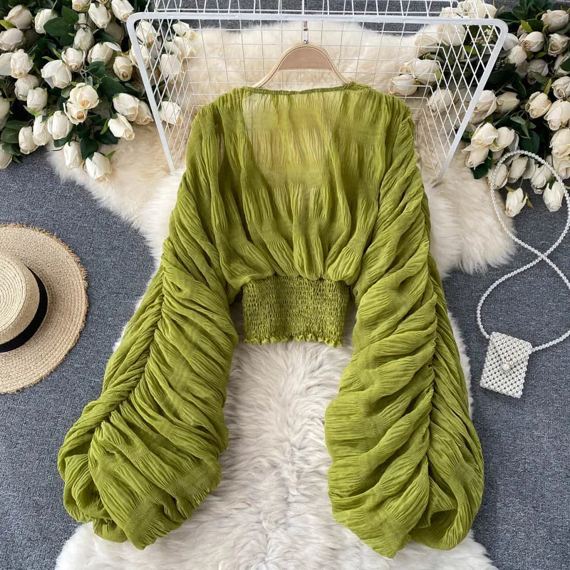 Fashion Blouse for Women V-neck Lantern Sleeve Shirts Blusas Mujer De Moda Korean Chic Elegant Pleated Solid Tops