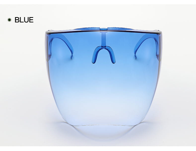 Full face safety glasses protective face shield mask with blue gradient curved visor and sleek transparent plastic frame designed for protection glasses.