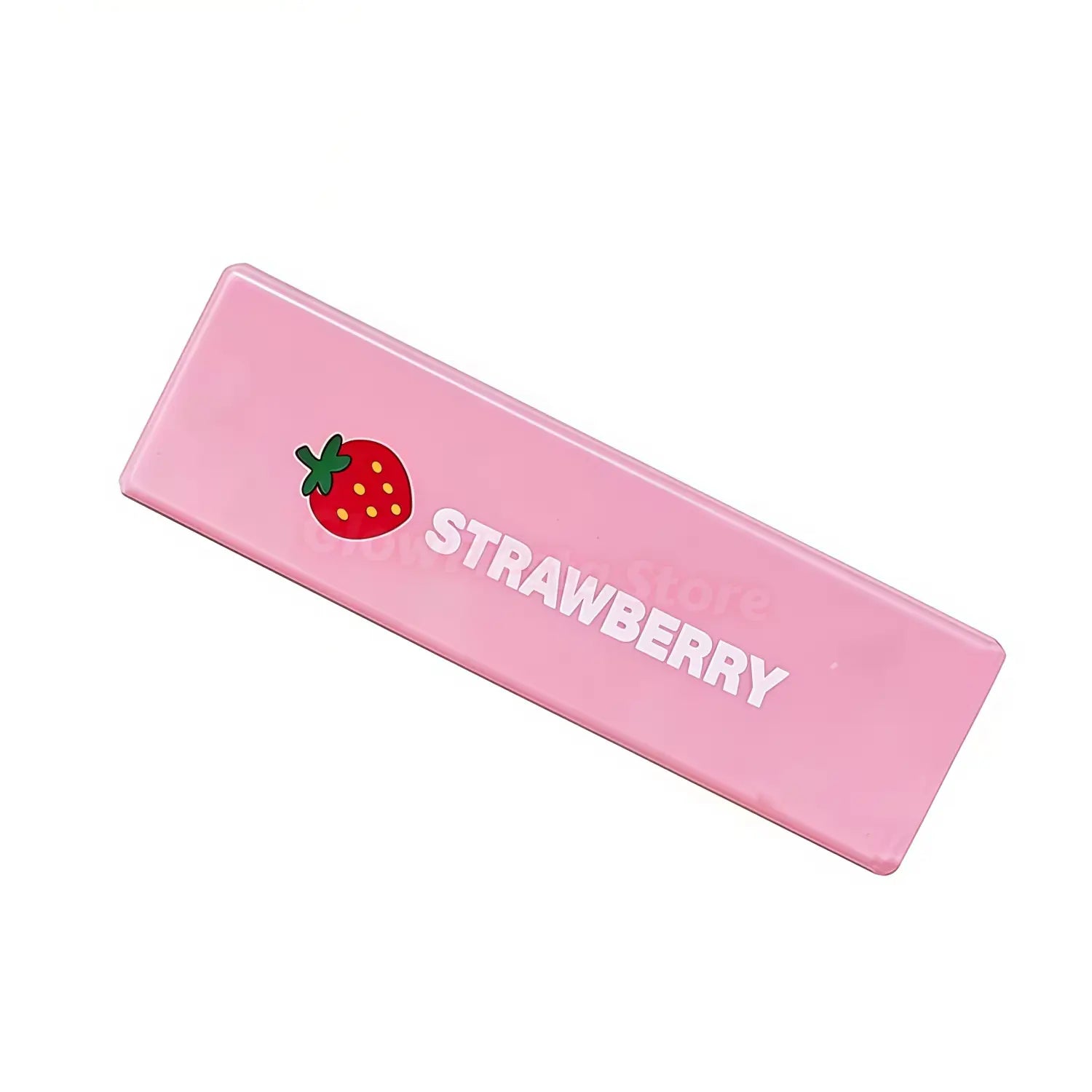 Barrette à cheveux en plastique rectangulaire rose, avec illustration de fraise rouge et texte de fraise blanc, incluse dans un coffret de 12 jouets antistress en bâton de beurre à montée lente.