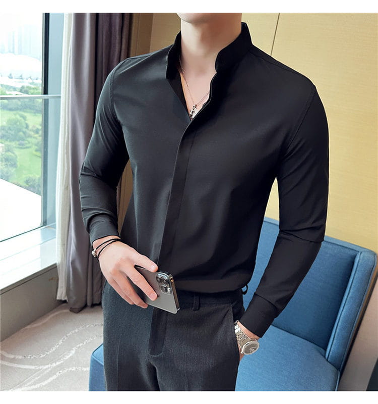 Black long-sleeved men dress shirt with stand collar and slim fit designed for formal occasions ensuring the correct size for dress shirts.