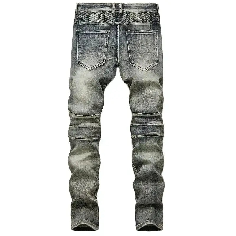 Jeans de moto pour hommes, coupe slim délavée, en denim gris foncé, avec une ceinture tissée texturée et des coutures renforcées le long des jambes.