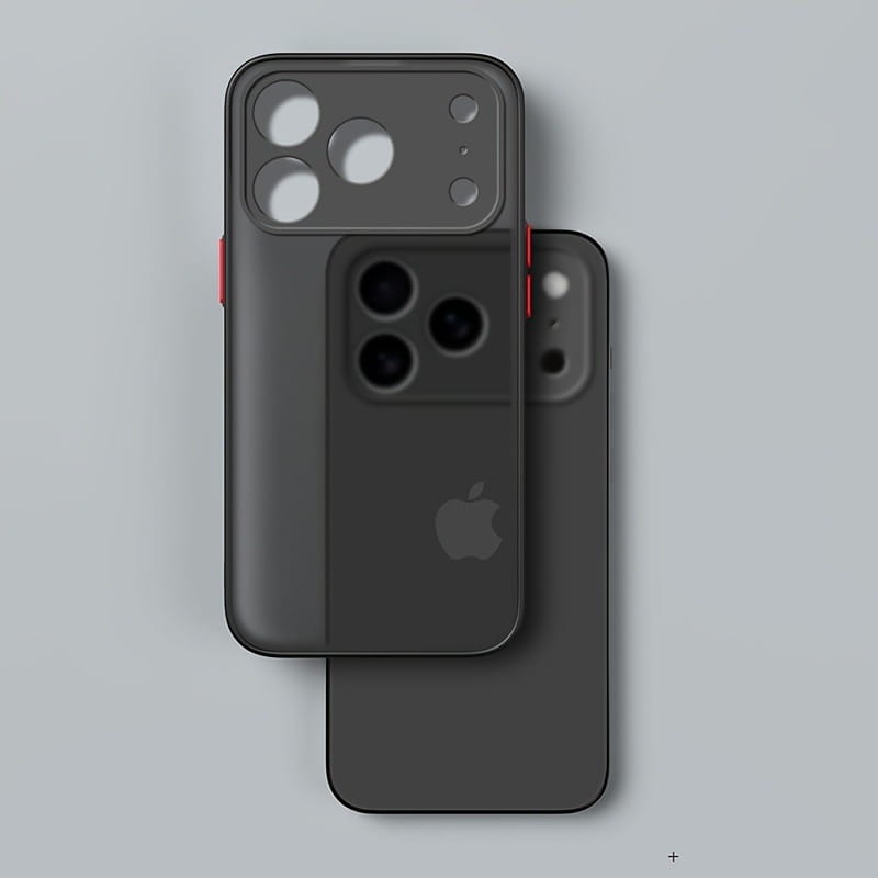 Carcasa transparente negra para teléfono con armadura translúcida y resistente a impactos, con acento rojo en el lateral para el iPhone 13 Pro Max, que muestra el reverso.