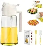 vaporisateur d’huile en verre transparent avec pompe et poignée en plastique blanc, rempli d’une huile de cuisine jaune doré pour une utilisation en vaporisation d’huile 2-en-1.