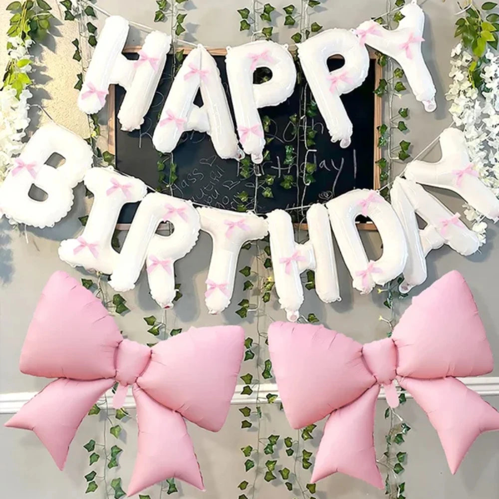 White Happy Birthday Banner Balloon and Light Pink Bow Balloon with Pink Ribbon Bow, Birthday Party Decoration