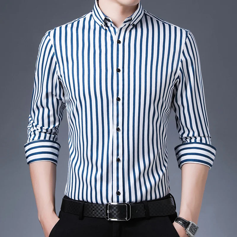 Men's Elegant  Striped Iron-Free Long Sleeve Dress Shirts - Breathable, Stretchy Casual Button Up Shirt For Formal Occasions