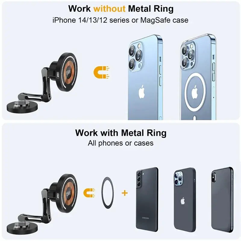 Cargador inalámbrico para coche magnético negro con brazo ajustable y almohadilla circular de carga para iPhone 15 14 13 12.