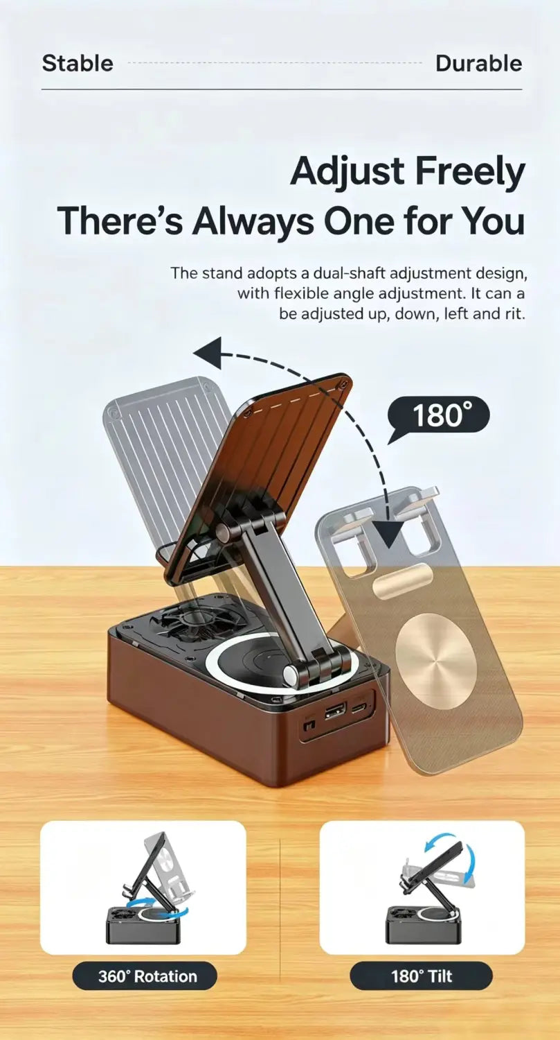 Brown and silver dual-shaft magnetic phone stand with bluetooth speaker and power bank featuring 360° rotation and 180° tilt functionality.