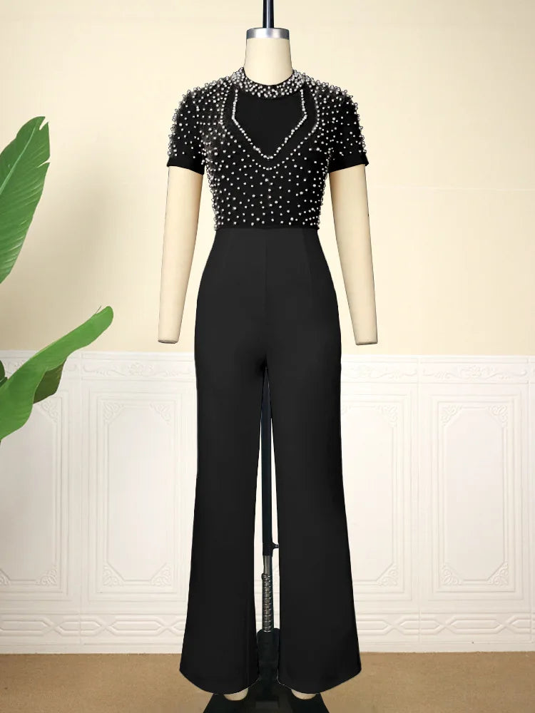 Elegant Jumpsuits & Rompers for Women O Nec Short Sleeve Beaded High Waisted Luxury Female Birthday Dinner Party Overalls Outfit