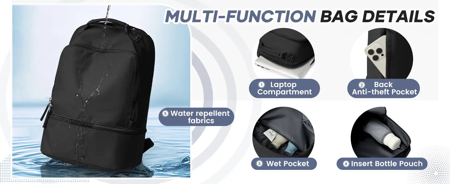 black nylon fitness travel backpack made of water-repellent fabric featuring a laptop compartment, anti-theft back pocket, wet pocket, insert bottle pouch, and shoe compartment