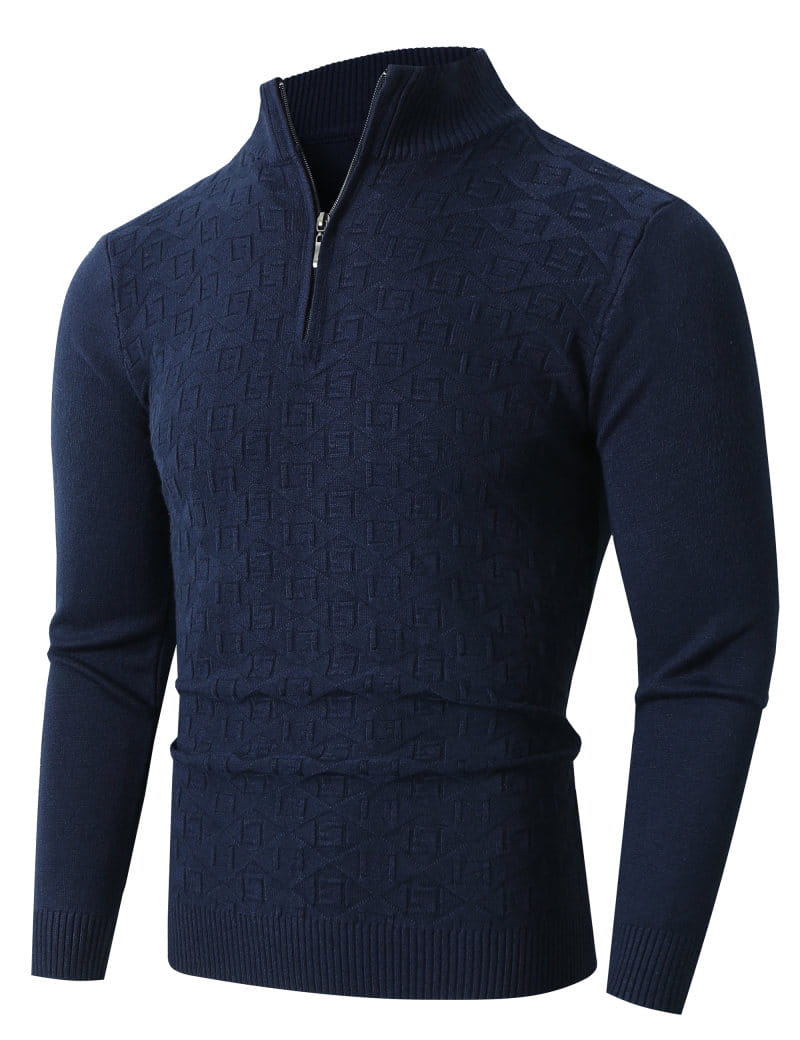 plus size mens half zip cable knit sweater in dark navy blue featuring a half-zip collar and subtle geometric pattern.