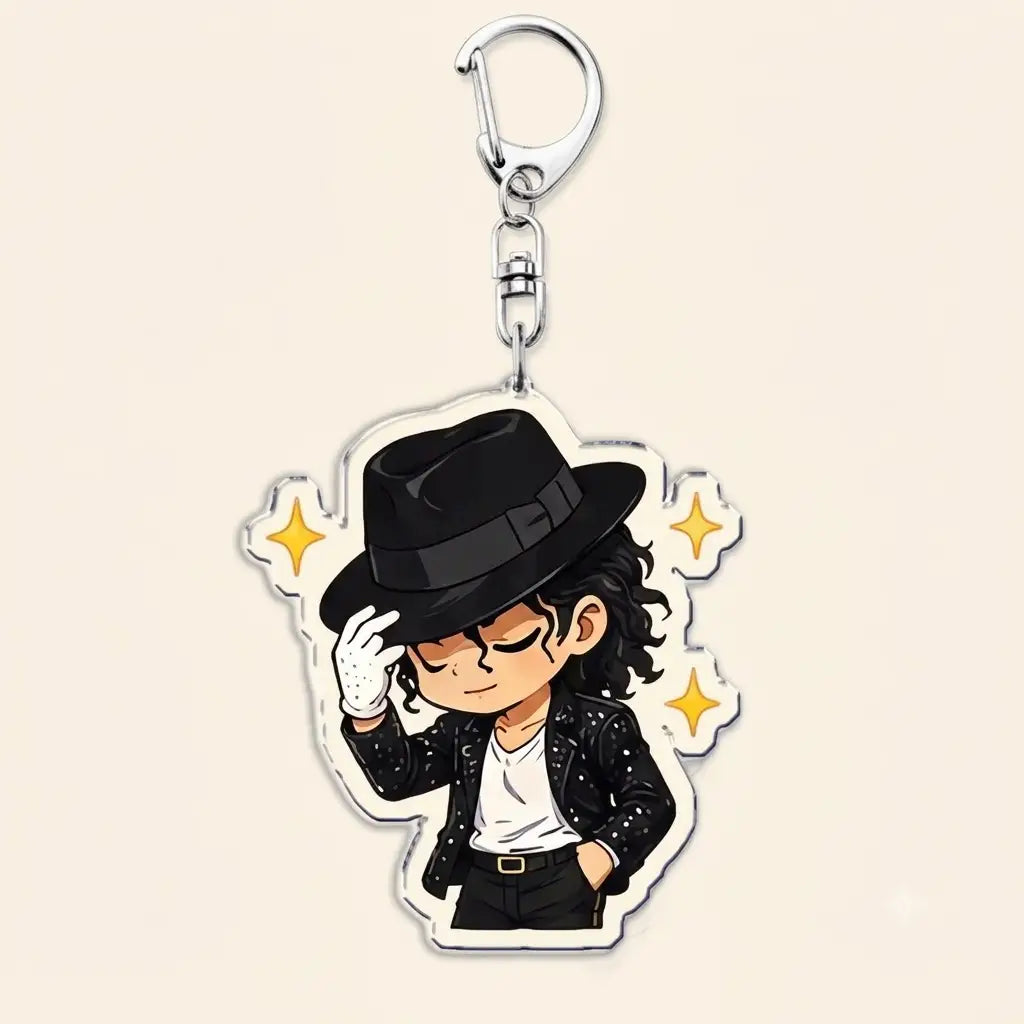 black and white chibi-style michael jackson acrylic keychain featuring a cartoon depiction of michael jackson in his iconic fedora sequined jacket and gloves.