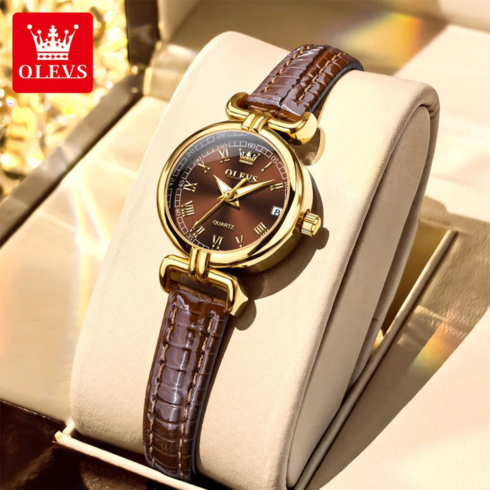 OLEVS Watches Womens Elegant Original Quartz Watch Leather Strap Waterproof Luminous Date Ladies Watches Girls Gifts Reloj New
