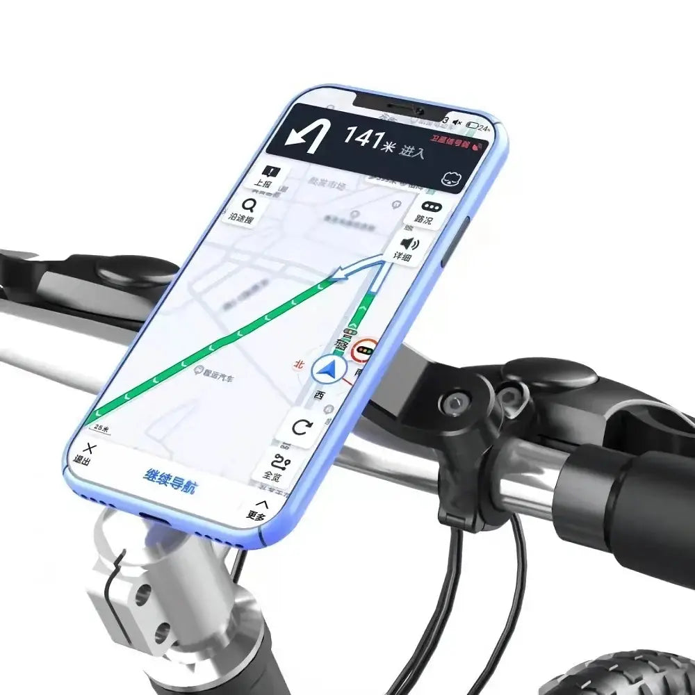 Blaue universelle Smartphone-Halterungsklebefläche aus strapazierfähigem Material, die ein Smartphone am Fahrrad-Lenker hält, für sicheres Fahren geeignet