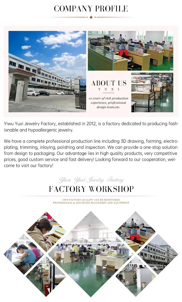 Brochure promotionnelle de la société de fabrication de bijoux Yiw u Yuxi présentant des installations de production professionnelles et le savoir-faire pour un collier ras du cou en cristal arc-en-ciel à multiples brins.
