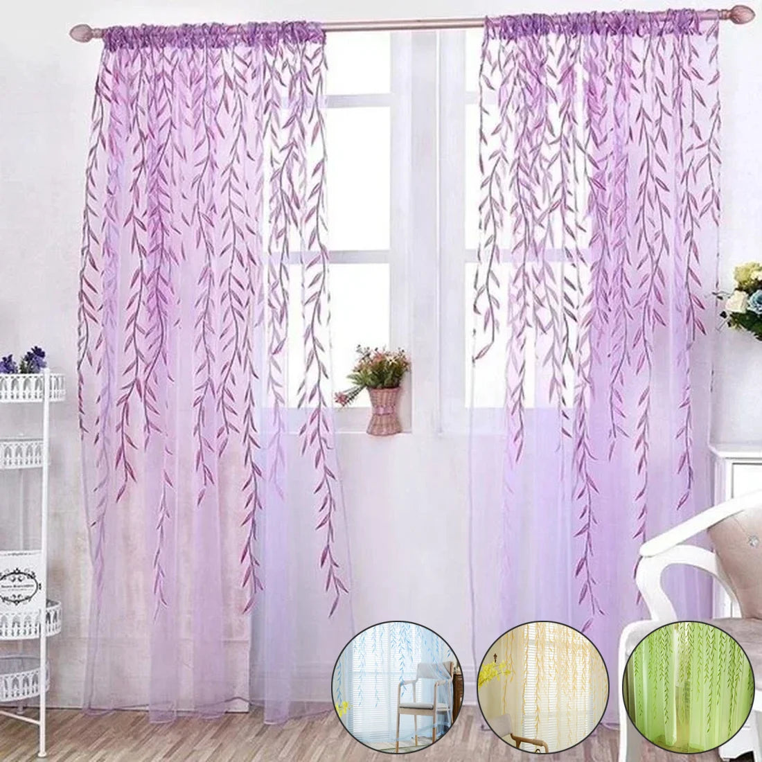 1 panel Elegant Modern Tulle Curtains for Living Room Bedroom Kitchen Green Leaf Sheer Curtains for Window Tulle Curtains Drapes