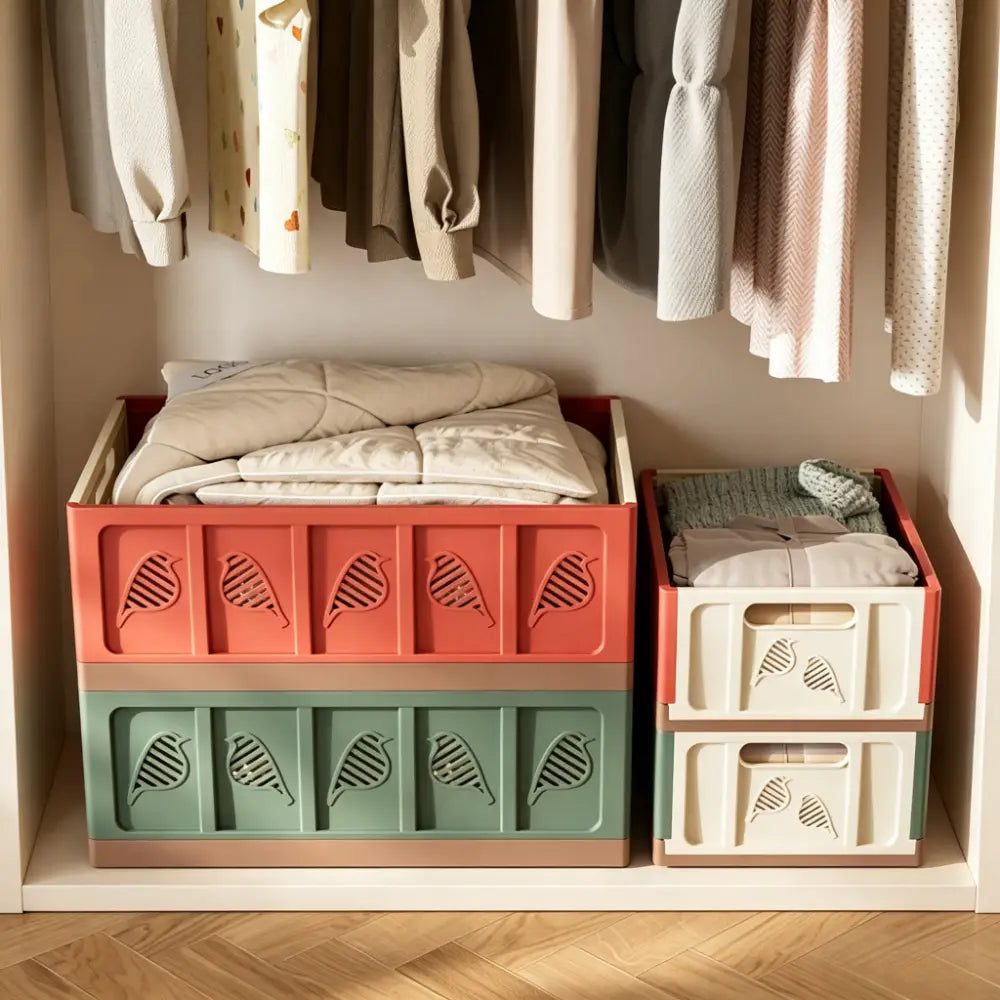 foldable storage basket plastic stackable organizer with coral and sage green plastic storage box featuring bird-shaped cutouts for actual goods organization.