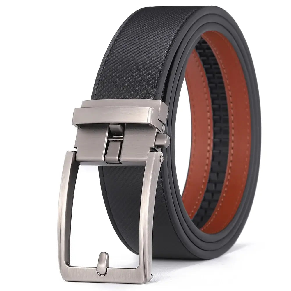 Black textured leather mens belt with silver-toned automatic buckle and contrasting brown inner lining