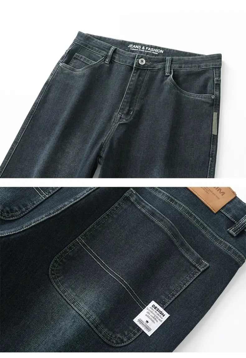 Men’s loose straight business casual jeans in dark wash denim featuring a classic five-pocket design with contrasting stitching.