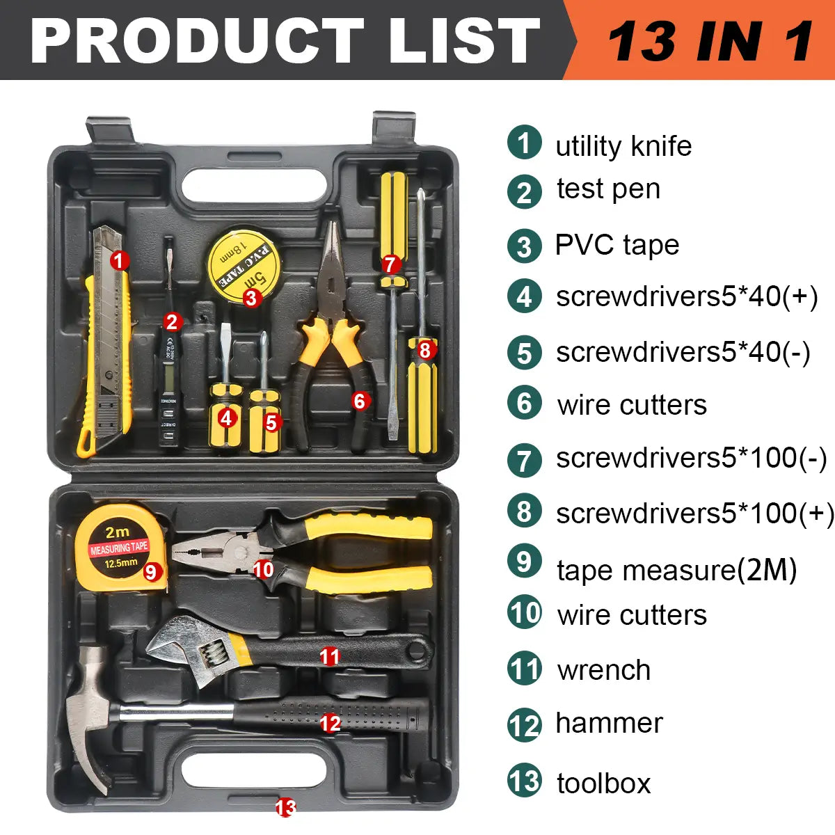 Juego de herramientas manuales domésticas negro y amarillo 13 en 1 de Wozobuy, con estuche de almacenamiento de plástico diseñado para un uso doméstico versátil.