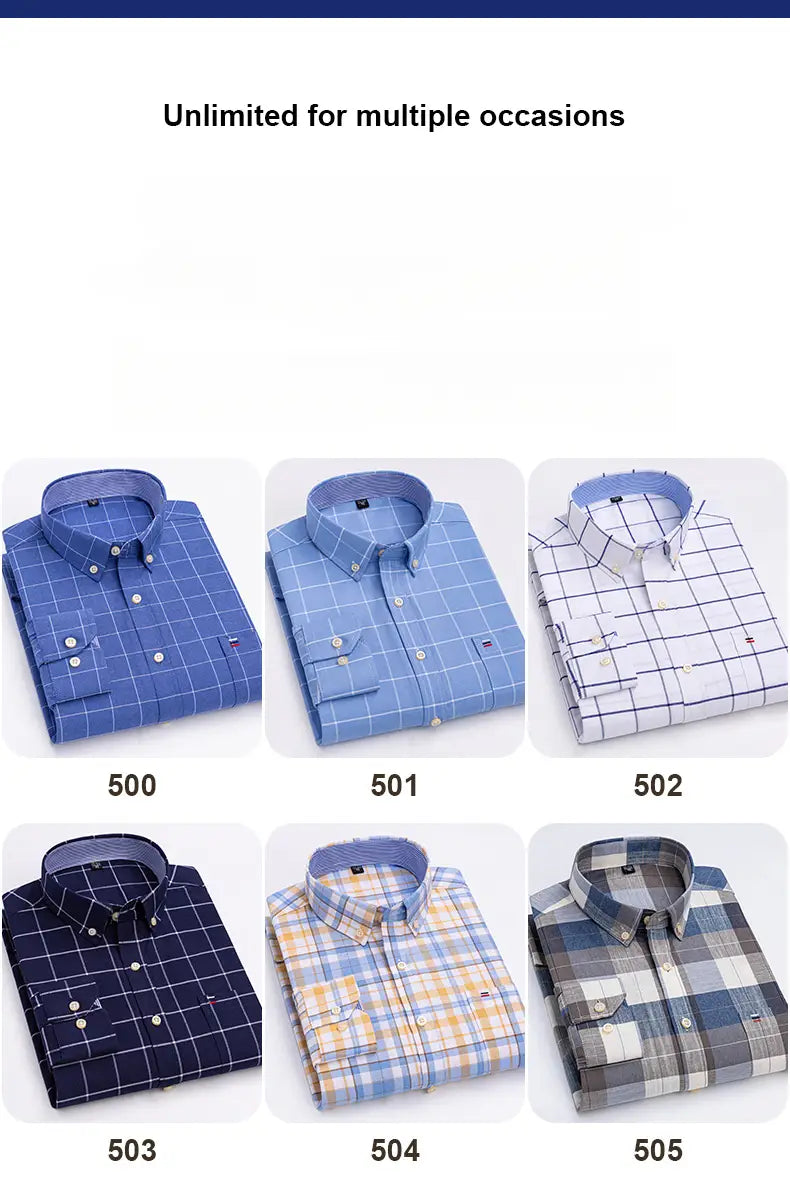 Six chemises habillées boutonnées Oxford en coton 100 % pour hommes, coupe slim, pliées, dans divers motifs à carreaux et à motifs quadrillés, avec des cols nets et des doublures intérieures assorties.