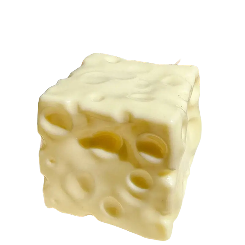 A creamy white cube-shaped stress relief cheese squishy toy with realistic swiss-style holes and texture