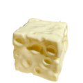 A creamy white cube-shaped stress relief cheese squishy toy with realistic swiss-style holes and texture