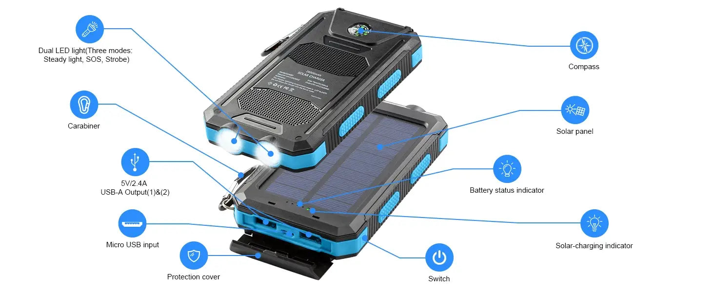 Robuste Solar-Powerbank Blau und Schwarz mit 50000 mAh, tragbares Ladegerät mit integrierter doppelter LED-Leuchte, ausgelegt für den Einsatz im Freien