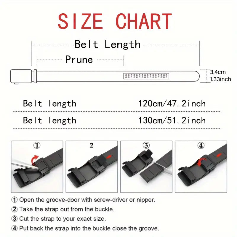 Men’s automatic buckle leather belt in black with an adjustable buckle for customizable length.