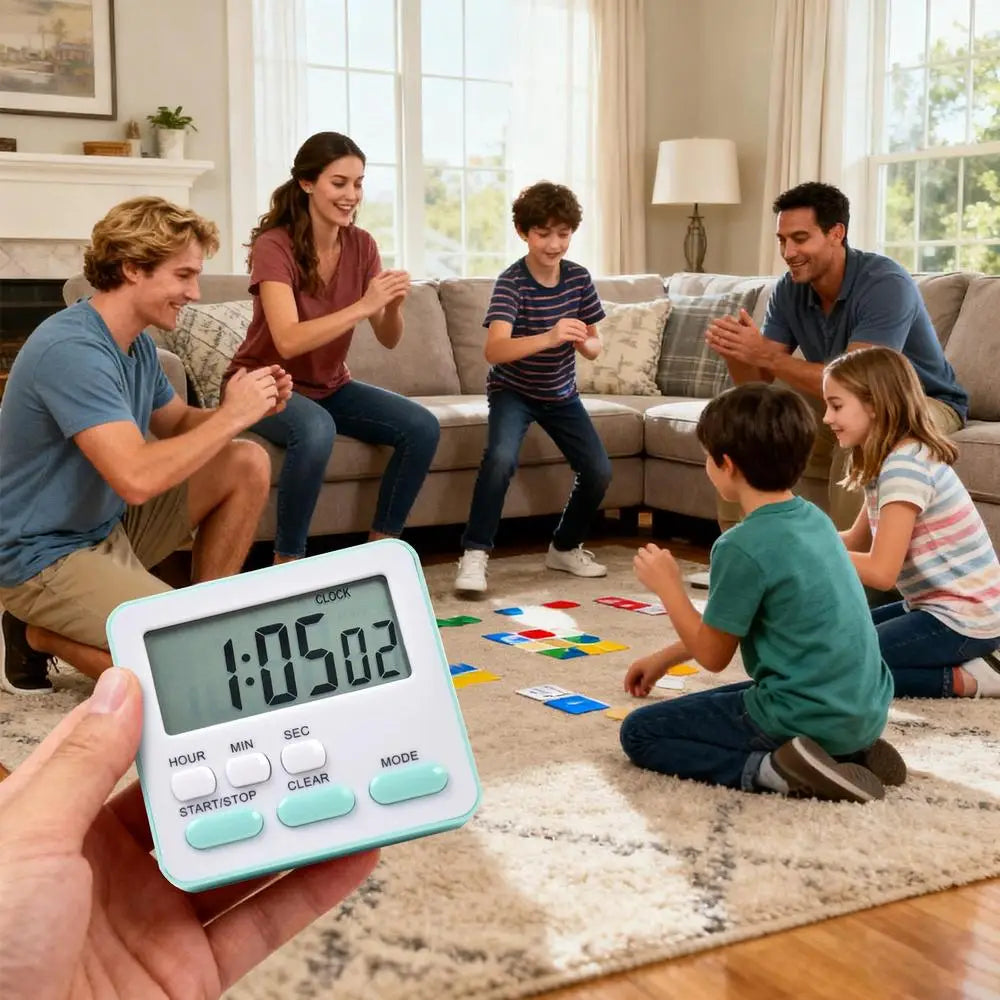 Digitaler Küchentimer mit geräuschloser Countdown-Funktion, weiß mit hellblauen Akzenten und einem rechteckigen Display, das 1 05 02 anzeigt