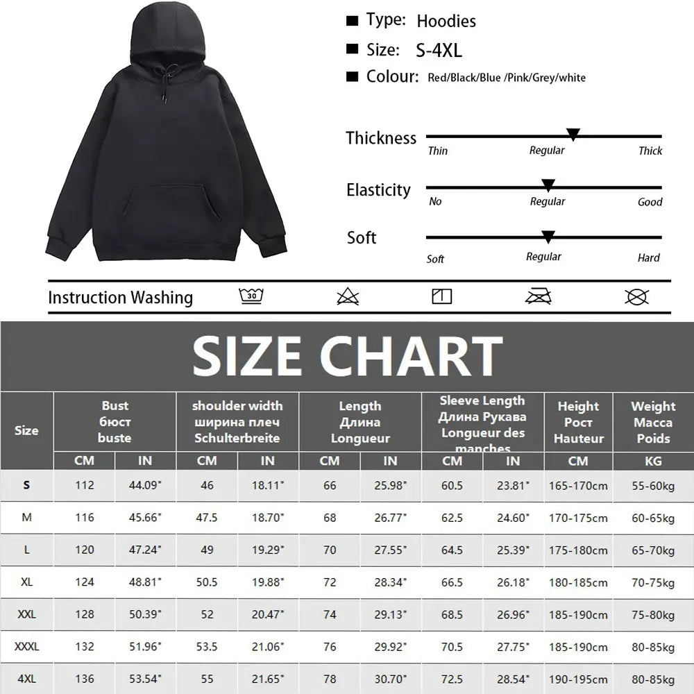 Sudadera con capucha oversize negra lisa para hombre, confeccionada con tejido suave, con capucha ajustable con cordones y bolsillo frontal; disponible en tallas de S a 4XL.