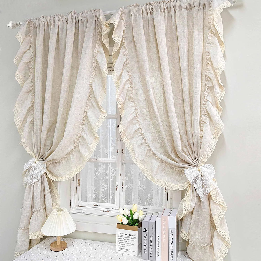French Ruffle Semi Sheer Curtains, Plain Faux Linen Textured Vintage American Farmhouse Curtain for Living Room, Bedroom, Study