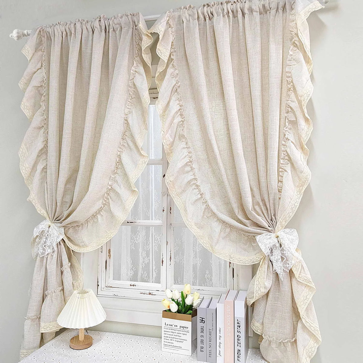 French Ruffle Semi Sheer Curtains, Plain Faux Linen Textured Vintage American Farmhouse Curtain for Living Room, Bedroom, Study
