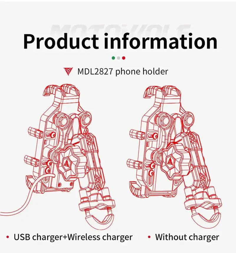 Red line-drawn illustration of a mdl2827 motorcycle wireless charging phone mount with usb and wireless charging options.