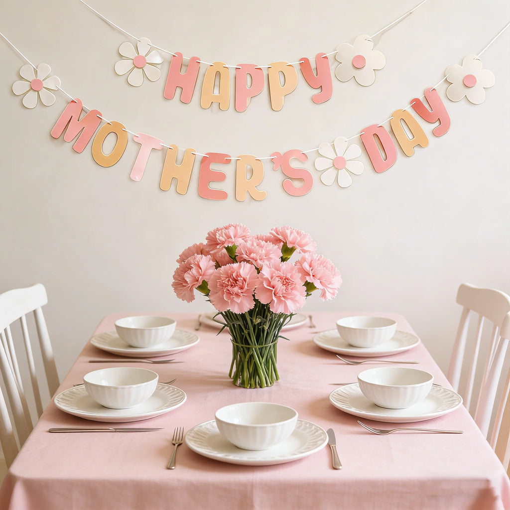 Happy Mother's Day Decorative Banners & Pull Flowers, Wall Hanging Decor for Shop & Room, Photo Booth Props