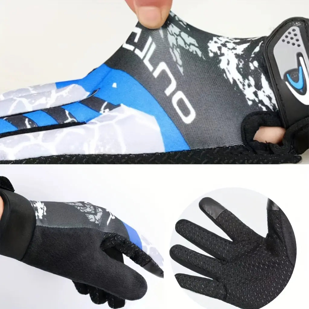 Herren-Radfahrhandschuhe, atmungsaktiv für Outdoor-Sport, mit Handgelenksausführung und schwarzem sowie blauem Muster; mit strukturierter Griffzone an den Fingern, auf der Rückseite dargestellt.