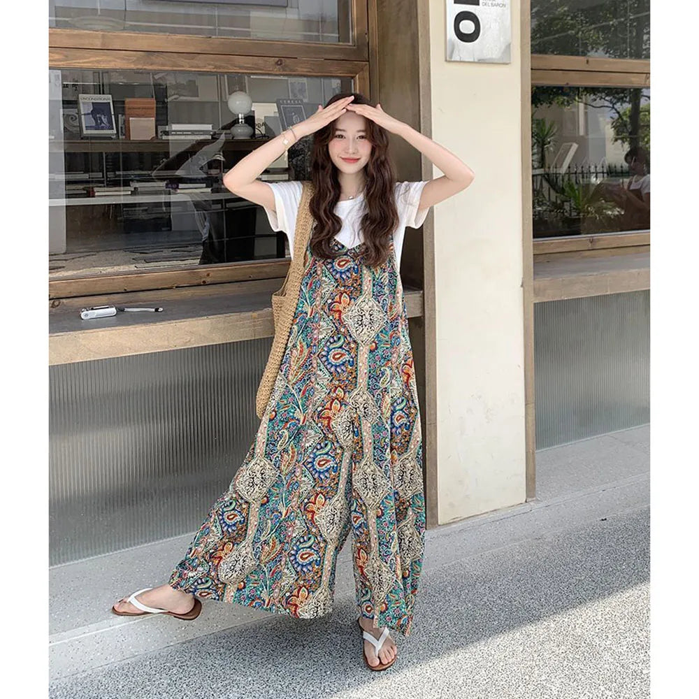 Summer Women's Jumpsuit 2026 New Vintage Bohemian Rompers Casual Fashion Printed Wide Leg Pants Female Sleeveless Strap Overalls