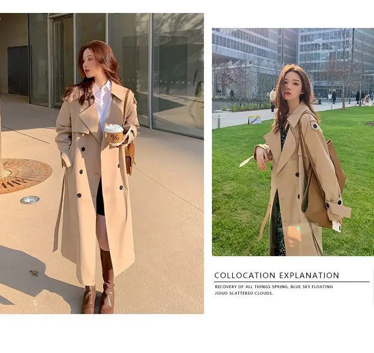 Beige women double-breasted trench coat with black buttons and classic collar casual windbreaker.
