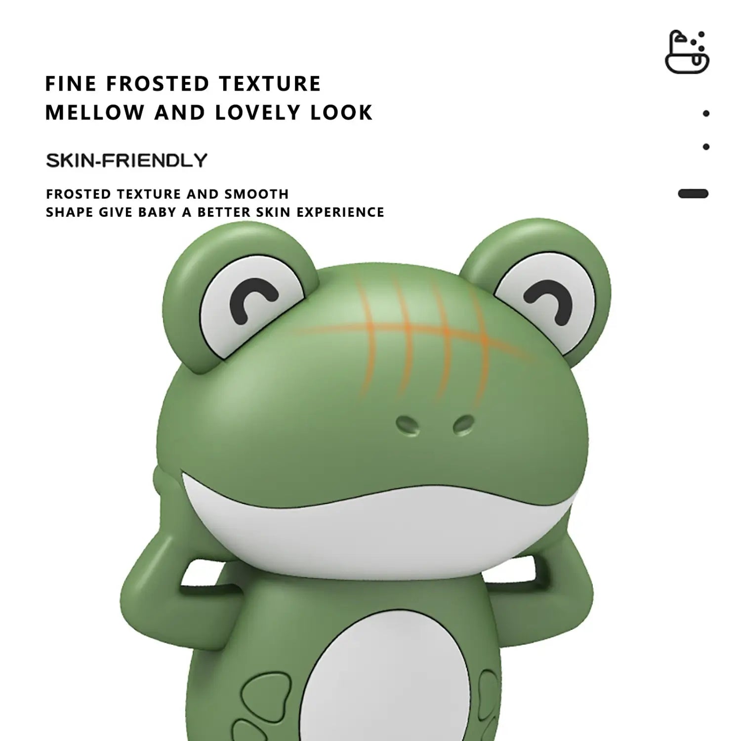 Ein grün-transparentes, mit Textur versehenes Frosch-förmiges Aufzieh-Badespielzeug mit weißen Akzenten am Bauch und an den Augen, ausgelegt zum Schwimmen im Wasser.