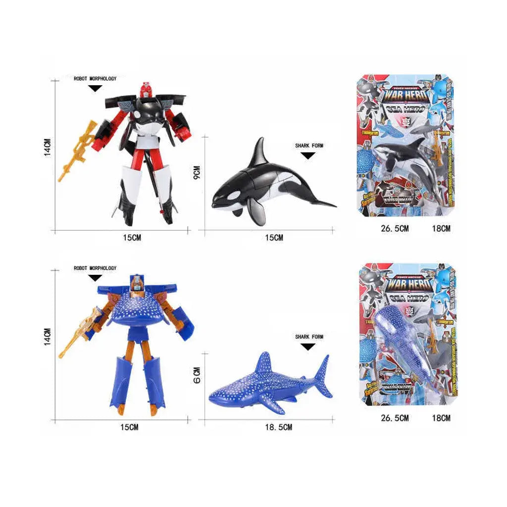Red and white robot toy with black accents transforming into a killer whale as shark transforming robot toy finished goods.