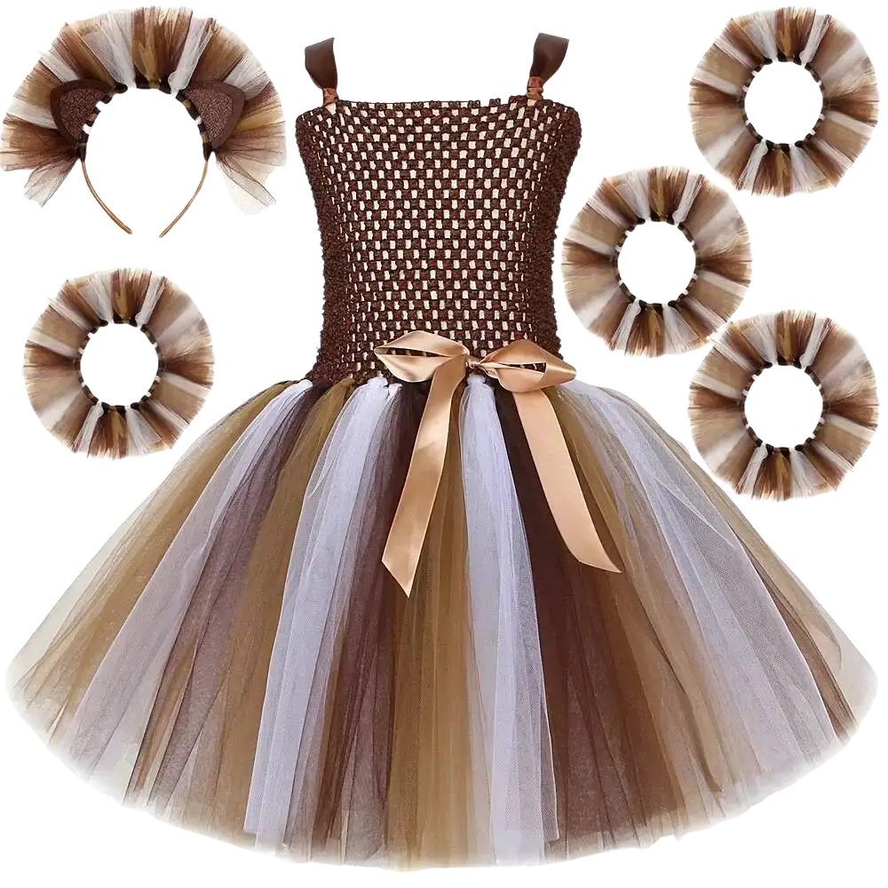 Brown mesh bodied tutu dress with layered brown beige gray tulle skirt and gold satin bow for baby girls jungle lion fancy