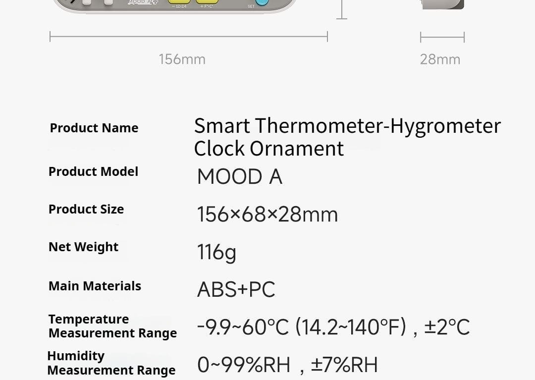 Mood a smart thermometer-hygrometer clock ornament made of abs and pc material featuring smart temperature display from duka mooda smart.