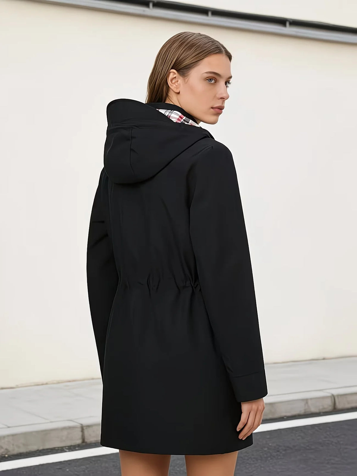 Women's mid-length hooded zipper trench jacket, featuring a full-zip front placket and adjustable hood pocket